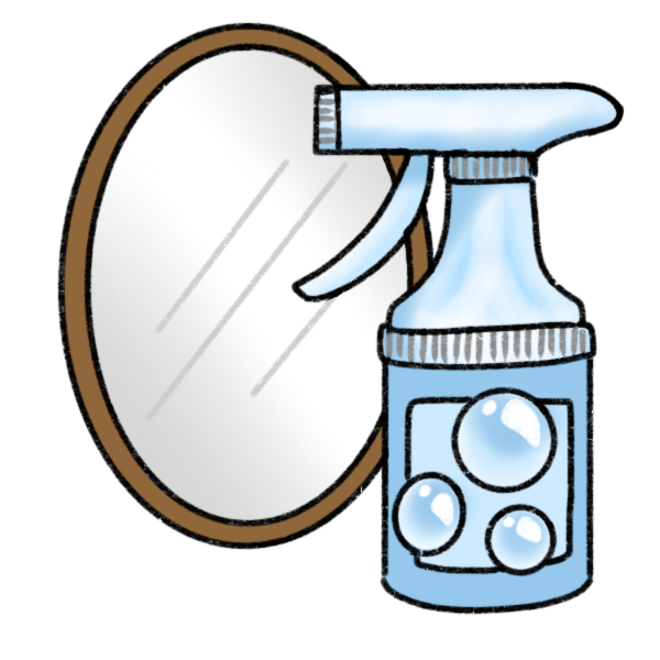 a blue spray bottle with bubbles on it, in front of a mirror.
